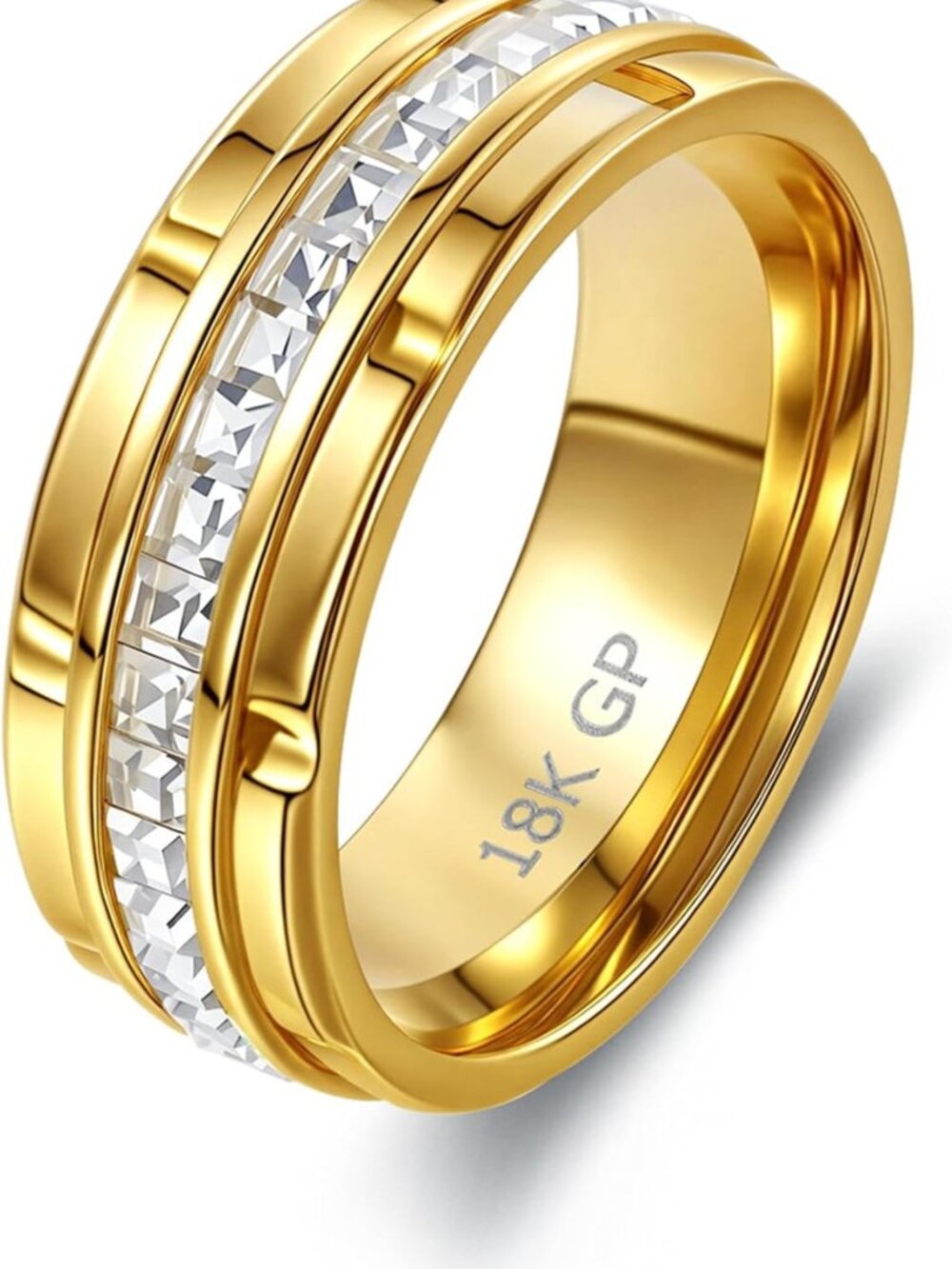 8mm Men's Gold Wedding Band with CZ Eternity Design - 18K Gold Plated Stainless